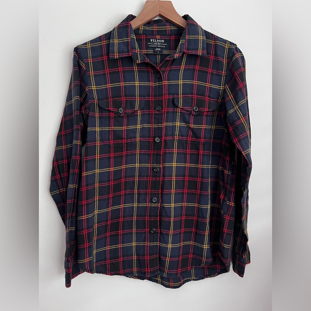 Filson Navy Blue red yellow Multicolor Plaid Flannel Long Sleeve Button Up Shirt